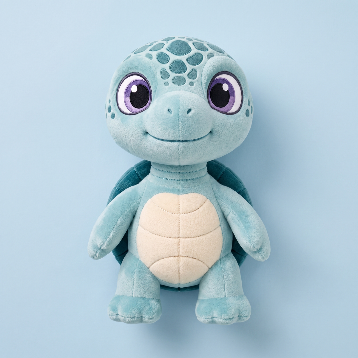 Eli the Turtle plush photographed from above on a soft blue background