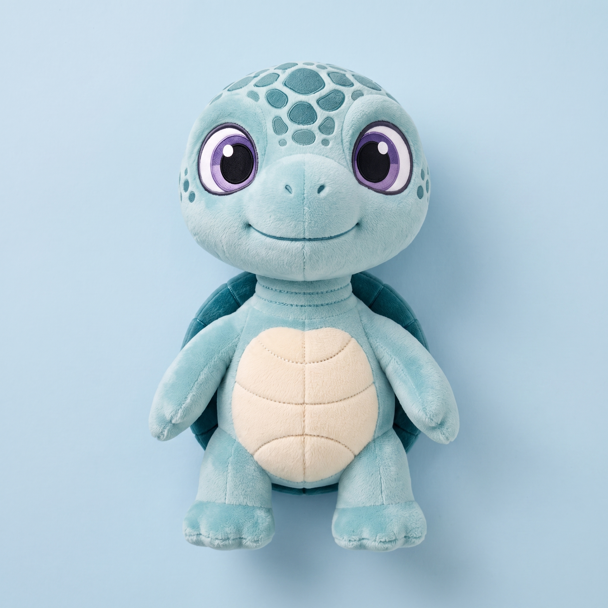 Eli the Turtle plush photographed from above on a soft blue background