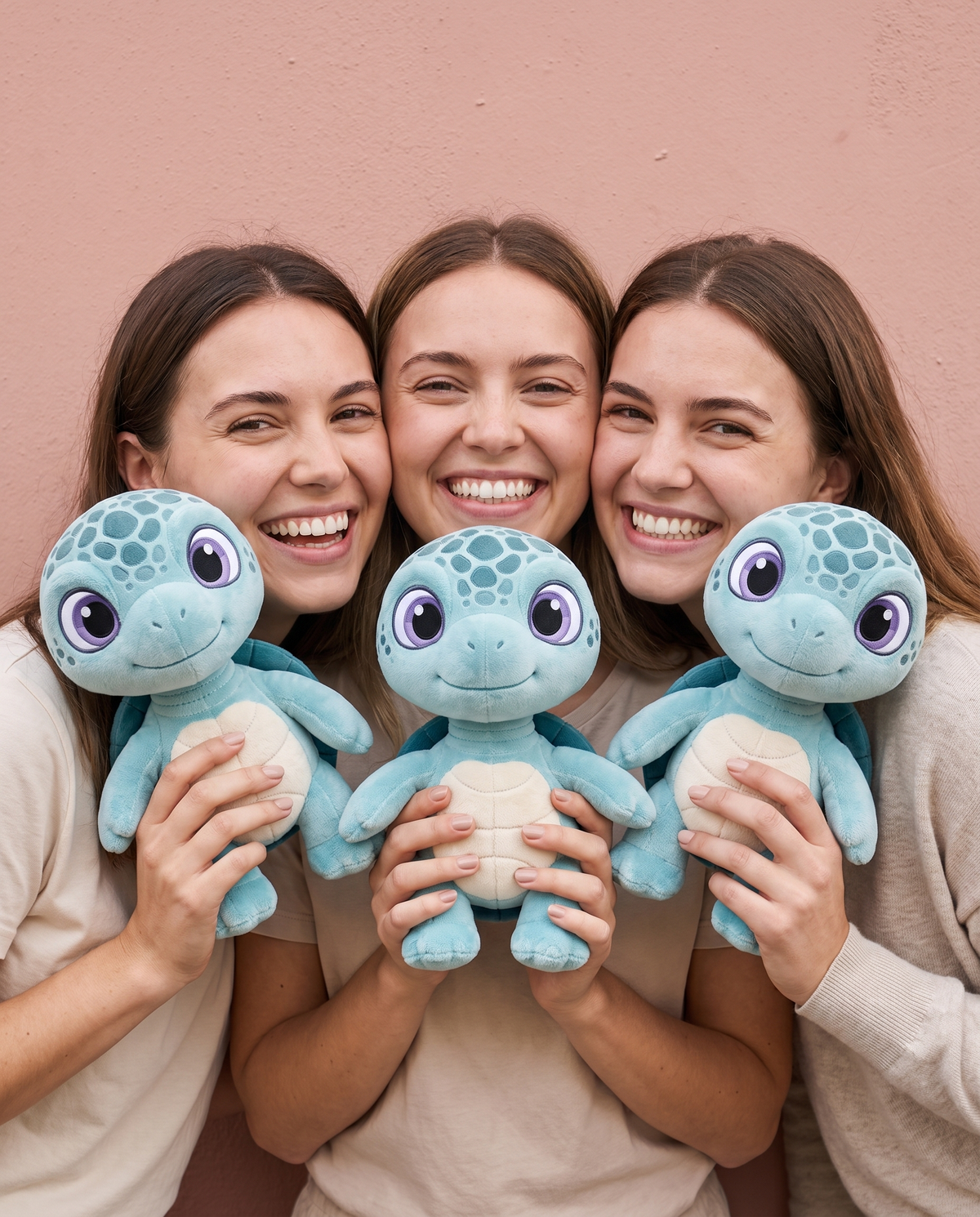 Three friends each holding an Eli plush against a blush pink wall