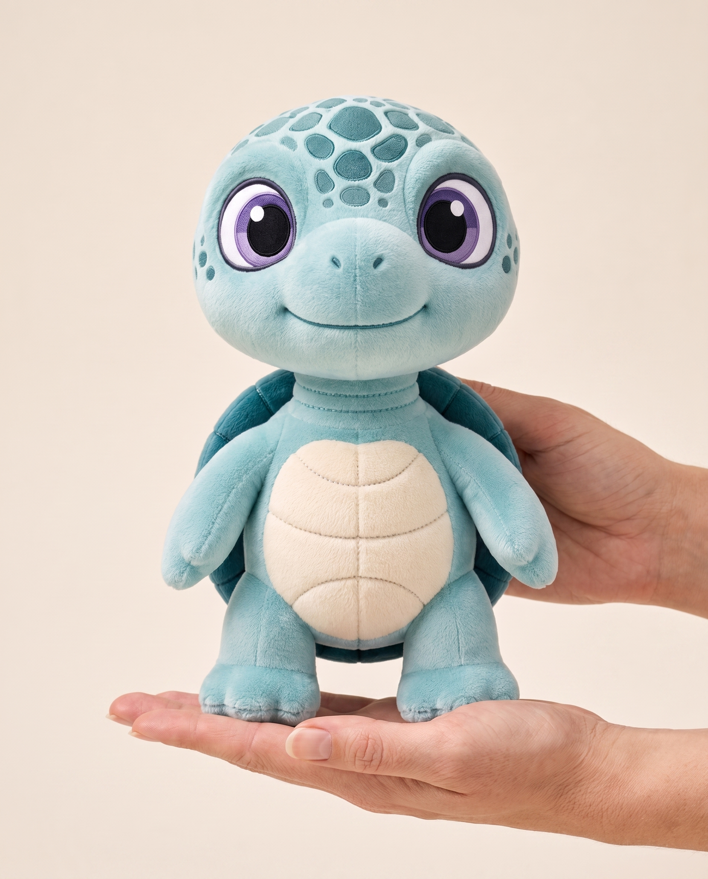 Eli plush resting on an open palm, roughly ten inches seated