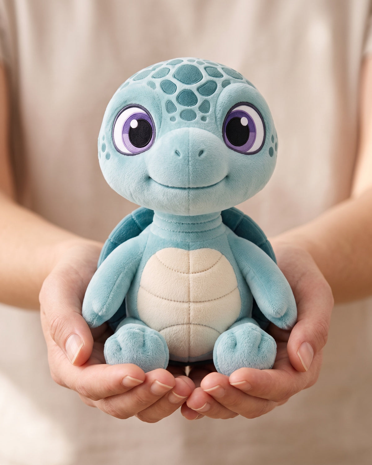 Eli plush held in two cupped hands to show its size